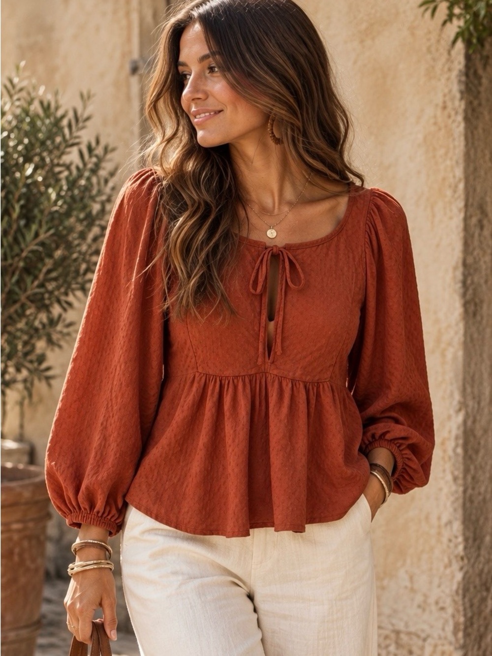 Universal Thread Rust Tie-Front Peplum Blouse